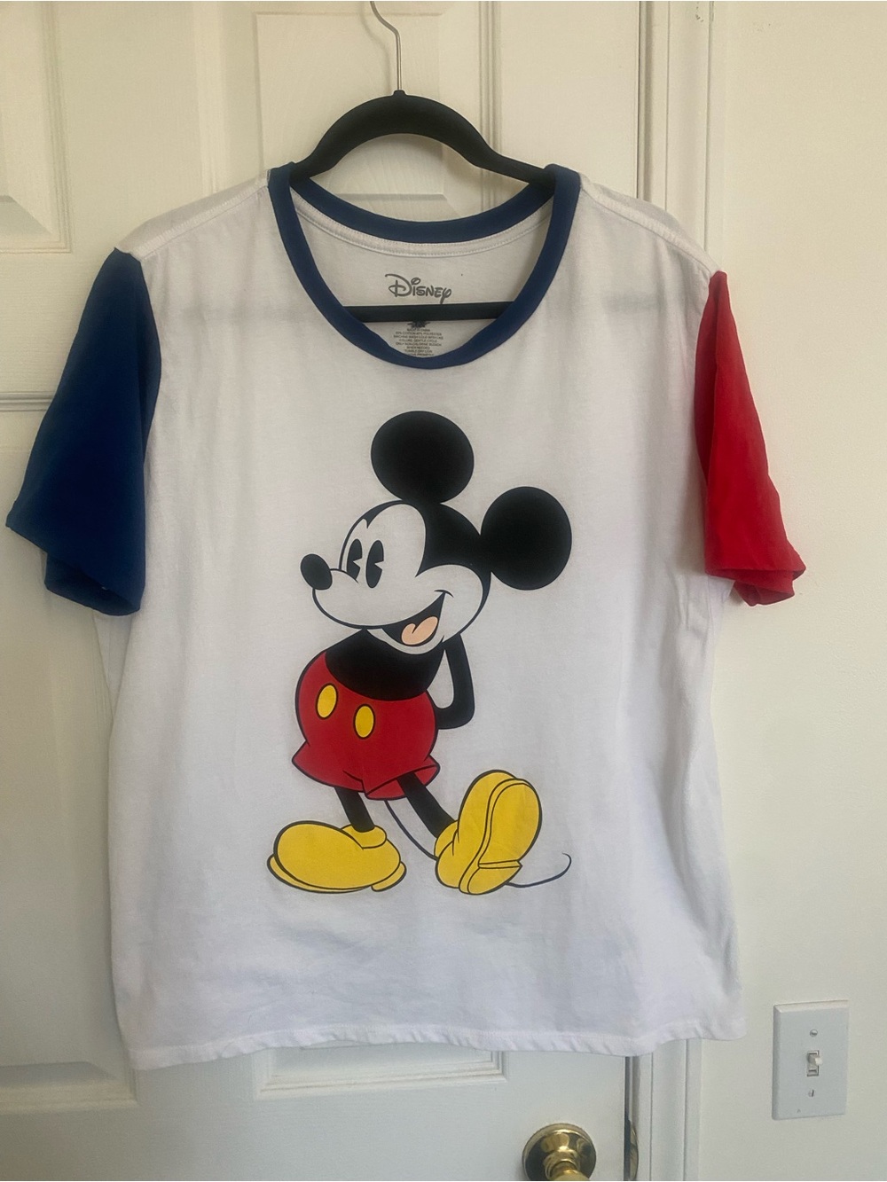 Disney White Tee with Mickey and Red & Blue Sleeves